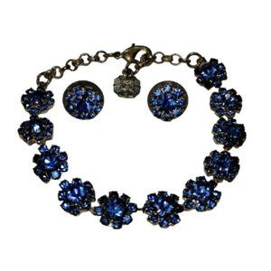 Vintage Monet Blue Rhinestone Bracelet and Earring 3 pc Set Silver Tone Signed